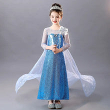 Déguisement princesse elsa diamant robe bleu sequins avec manches longues et cape en tulle blanc motifs flocons