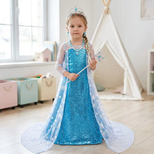 Déguisement princesse elsa diamant bleu à sequins avec voile blanc transparent et motifs flocons avec diadème et baguette assortis