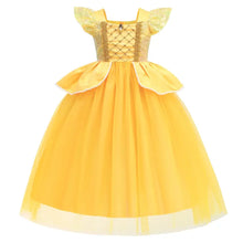Déguisement princesse la belle et la bête une élégante robe jaune vif avec corsage à sequins et manches volantées idéale pour carnaval