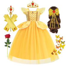 Déguisement princesse la belle et la bête avec élégante robe jaune en dentelle et jupe en tulle parfait pour déguisement carnaval