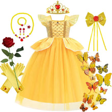 Déguisement princesse la belle et la bête avec élégante robe jaune en dentelle dorée et jupe en tulle pour carnaval