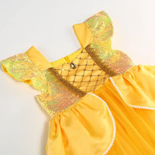 Déguisement princesse la belle et la bête robe jaune élégante en satin avec manches sequins dorés pour déguisement carnaval