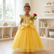Déguisement princesse la belle et la bête avec élégante robe jaune à bustier sequins dorés et jupe en tulle pour carnaval
