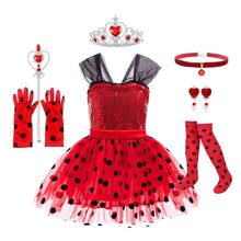 Déguisement princesse ladybug miraculous robe rouge à sequins avec pois noirs et jupe en tulle transparent sac à bandoulière