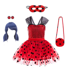Déguisement princesse ladybug miraculous avec bustier rouge à sequins noirs et tutu assorti avec bretelles en mesh noir