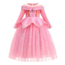 Déguisement robe princesse aurora rose avec tulle transparent orné d étoiles argentées et nombreux accessoires dorés