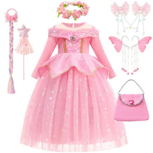 Déguisement robe princesse aurora rose avec corsage sequiné, épaules dénudées, jupe tulle étoilée argentée et bordure dorée