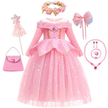 Déguisement robe princesse aurora rose avec corsage pailleté, épaule dénudée, jupe en tulle étoilée argentée et bordure dorée