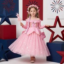 Déguisement robe princesse aurora rose avec manches épaules dénudées, corsage orné et jupe tulle étoiles argentées