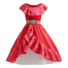 Déguisement robe princesse elena rouge vif avec corsage à volants manches courtes et jupe satinée ceinturée argentée