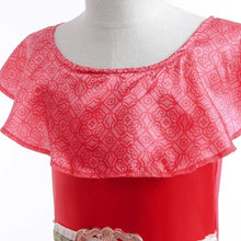 Robe princesse elena rouge corail avec haut volant transparent et motifs pour déguisement avec nombreux accessoires
