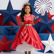 Déguisement robe princesse elena rouge et blanc en satin avec jupe asymétrique et nombreux accessoires dorés