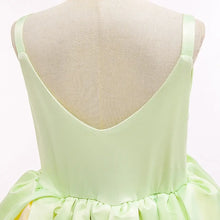 Robe princesse grenouille en satin vert clair avec bretelles fines et jupe froncée pour déguisement princesses