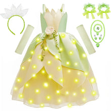 Robe princesse grenouille lumineuse vert menthe et crème avec design pétales et embellissements floraux délicats