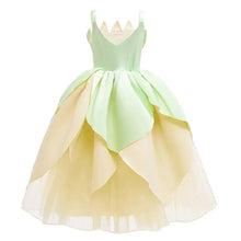 Déguisement robe princesse grenouille mint vert et crème avec corsage à volants et jupe fluide en tulle