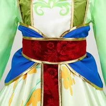 Robe princesse mulan verte blanche et bleue avec une ceinture fleurie rouge pour déguisement princesse mulan