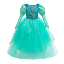 Déguisement robe princesse sirène teal avec manches bouffantes et jupe tulle à volants ornée d’un coquillage brodé