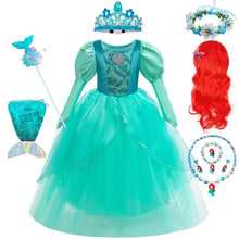 Robe princesse sirène teal avec corsage à paillettes et jupe en tulle transparent avec nombreux accessoires