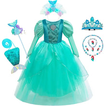 Déguisement robe princesse sirène teal avec jupe tulles superposées, corsage pailleté, broderies coquillages et nombreux accessoires