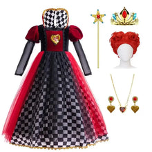 Robe reine rouge et noire en tulle à manches bouffantes avec coeur doré au col pour déguisement royale