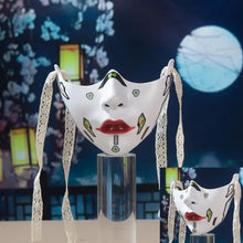 Demi-masque mécanique à lèvres rouges avec accents géométriques verts et liens en dentelle pour séances photo halloween