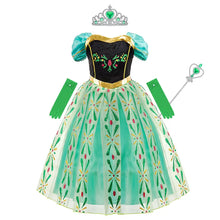 Robe cosplay reine des glaces anna bleu teal et noir avec broderies vertes et accessoires pour deguisement reine des neiges