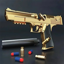Pistolet jouet desert eagle doré avec poignée noire texturée et projectiles en mousse assortis