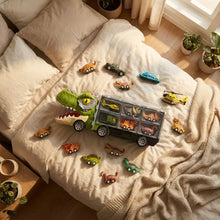 Camion transporteur vert en plastique avec zone cargo transparente affichant mini voitures dinosaures jouet voiture dinosaure 13 en 1