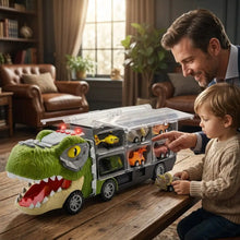 Camion transporteur vert en forme de crocodile avec cargo transparent contenant mini voitures dinosaures jouet 13 en 1