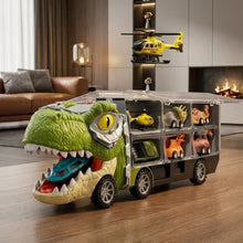 Camion transporteur noir avec tête de t-rex verte transportant mini voitures dinosaures dans jouet voiture dinosaure 13 en 1