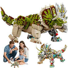 Dinosaure articulé à construire triceratops en lego vert et marron avec cornes blanches et plaques darmure détaillées trouvé en magasins de jouets