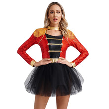 Robe tutu cirque femme version rouge avec veste sequins rouges manches longues et jupe tulle noire