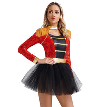 Déguisement dompteuse de cirque femme version rouge robe tutu à sequins avec veste militaire rouge et jupe tulle noire
