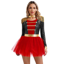 Déguisement dompteuse de cirque femme avec robe tutu à sequins versions rouge en tissu sequiné noir et rouge avec jupe en tulle