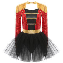 Déguisement cirque femme avec robe tutu à sequins rouge ornée d’épaulettes dorées et jupe en tulle noir