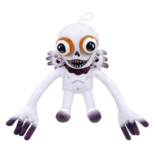 Peluche personnage blanc avec yeux orange oversize, sourire large et doigts violet pour déguisement carnaval cirque numérique