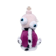 Peluche personnage du cirque numérique avec tête rose, grands yeux bleus et déguisement carnaval violet à fourrure blanche