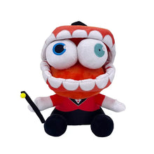 Peluche personnage du cirque numérique orange et rouge avec dents blanches et déguisement carnaval élégant