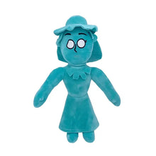Peluche personnage cirque numérique bleu sarcelle avec chapeau à larges bords, yeux et nez brodés, col à volants pour déguisement carnaval