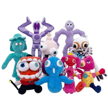 Une collection de peluches personnages colorées en tissu doux avec yeux exagérés pour cirque numérique et déguisement carnaval