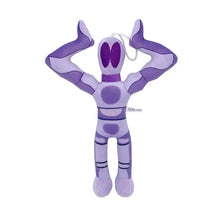 Peluche personnage cirque numérique robot violet et violet clair avec membres segmentés et boucle blanche pour déguisement carnaval
