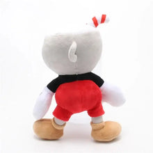 Peluche héros à tête de tasse blanche avec cheveux canne à sucre rouge et blanc, short noir et pantalon rouge, 25 cm