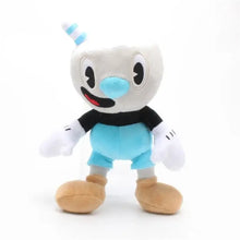 Peluche héros à tête de tasse 25 cm en tissu blanc noir bleu clair avec pieds couleur sable et paille rayée sur la tête
