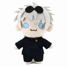 Peluche sorciers manga avec cheveux blancs en piques lunettes noires sur la tête et yeux bleus brodés lumineux