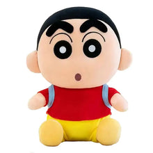 Plush toy peluche écolier espiègle shin-chan with beige face, black hair, red shirt, light blue straps, and yellow shorts