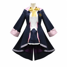 Costume cosplay elaina de the wandering witch avec blouse blanche, nœud doré, tenue bleu marine et rose brodée