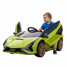Voiture électrique lamborghini sián pour enfant en vert lime avec portes à ouverture et jantes rose gold