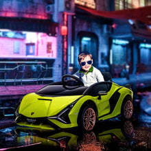 Voiture électrique lamborghini sián pour enfant en vert lime et noir avec portes à ouverture et roues bronze métallique