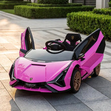 Voiture électrique lamborghini sián pour enfant en rose vif avec portes à ouverture et jantes dorées élégantes