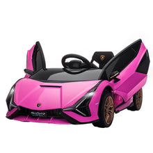 Voiture électrique lamborghini sián pour enfant en rose vif et noir avec portes à ouverture et roues dorées